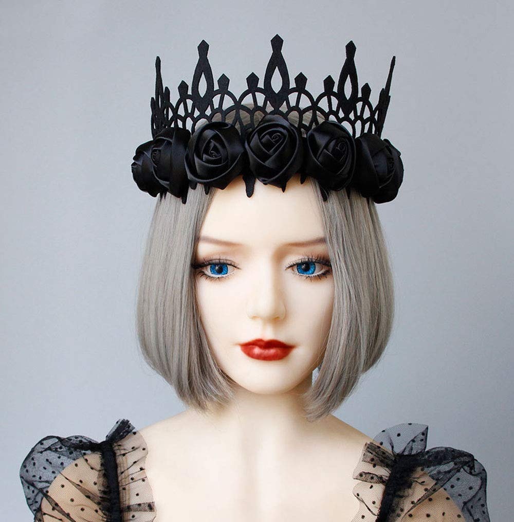 Love Sweety Halloween Vintage Crown Rose Headband Gothic Floral Headpiece (Satin Black)