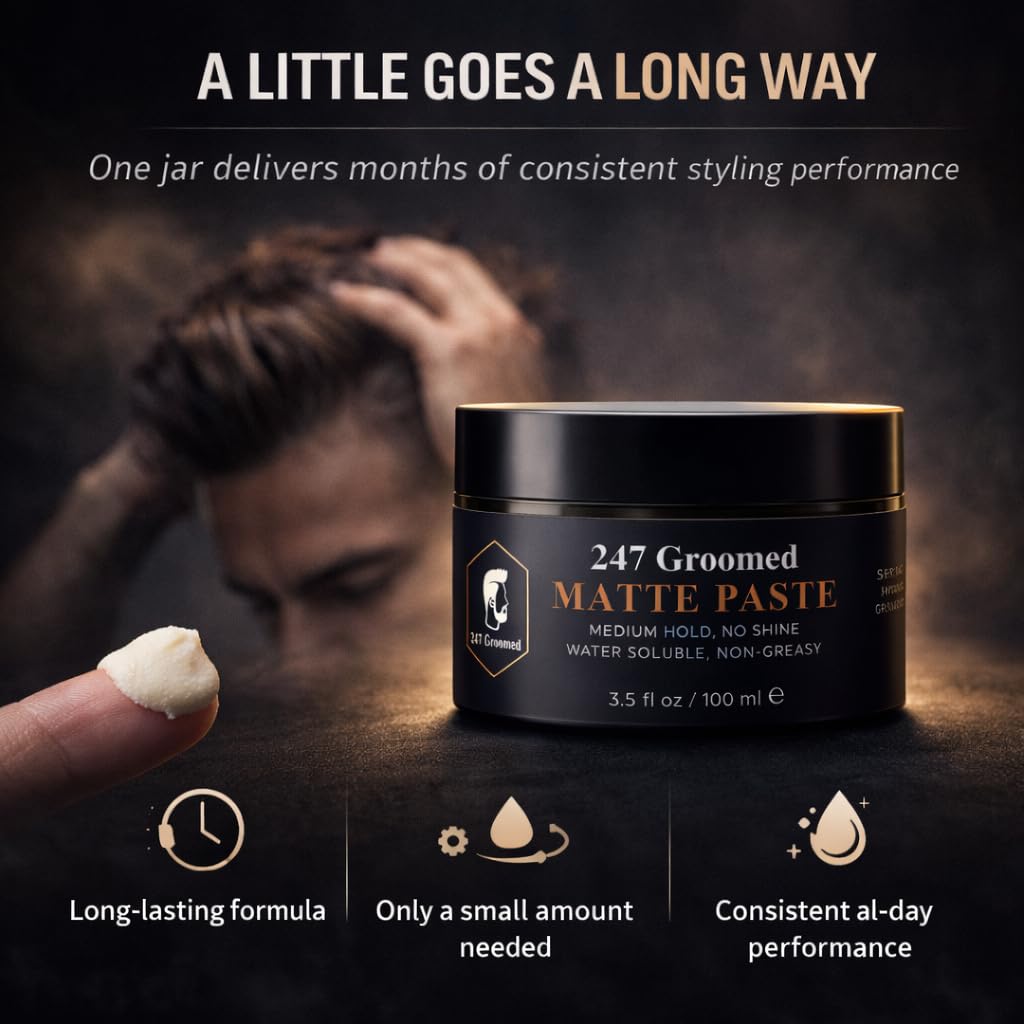 247 Groomed Matte Pomade - All-Day Medium Hold & Low Shine Finish for All Hair Types | Beeswax-Based Thickening Paste