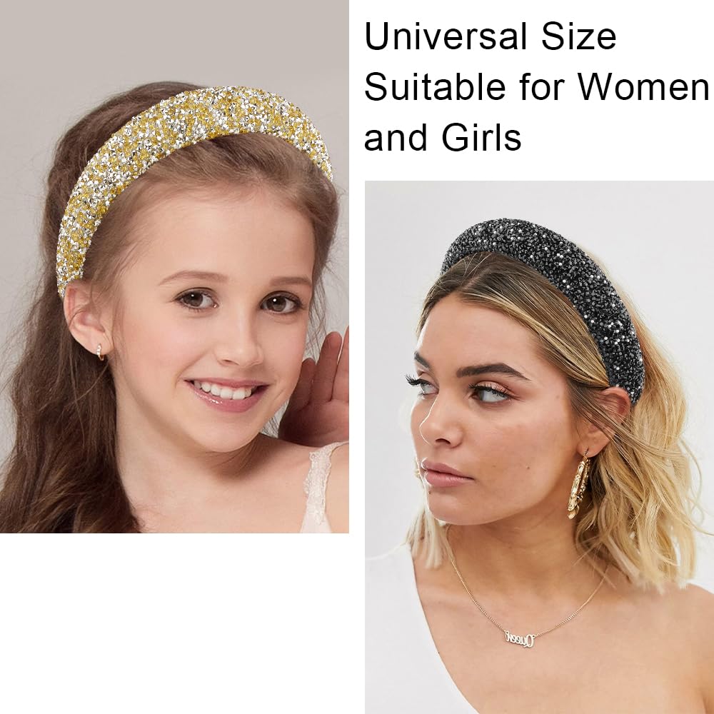 AHONEY 2 Pack Rhinestone Headband Women Thick Padded Headband, Sequin Beaded Pearls Head Band Glitter Cute Headband Birthday Prom Hair Accessories For Women Girls (Black&Gold)