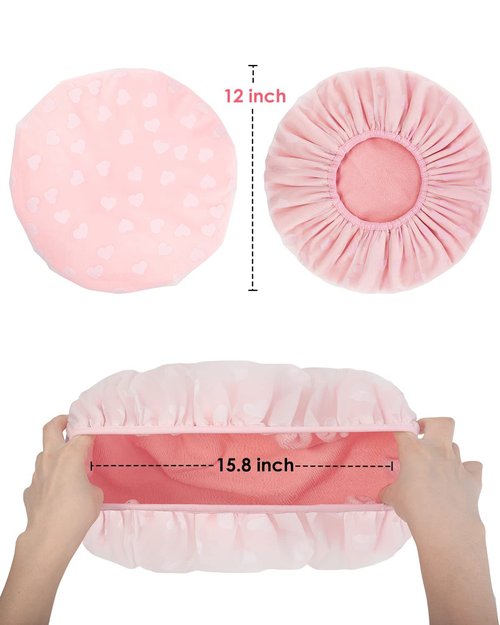 Auban Shower Cap - Reusable Double Layer Waterproof Terry Cloth Lined | Large Pink Bath Hair Cap