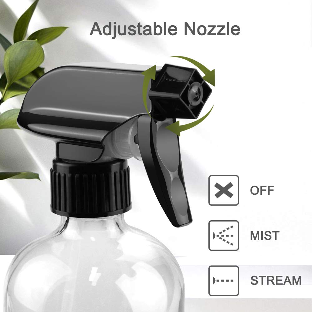 Worldgsb Glass Spray Bottles - 16oz Refillable Boston Round Containers with Adjustable Nozzle & Labels - Clear