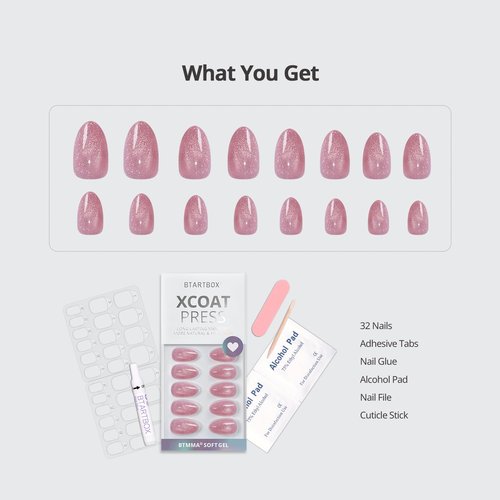 BTArtbox Press On Nails Short - Lamp-Curable Pink Cat Eye Almond Press On Nails with Glue for Women, Semi-Transparent Soft Gel Glue On Nails in 16 Sizes - 32 Stick On Nails Kit, Spring Charm
