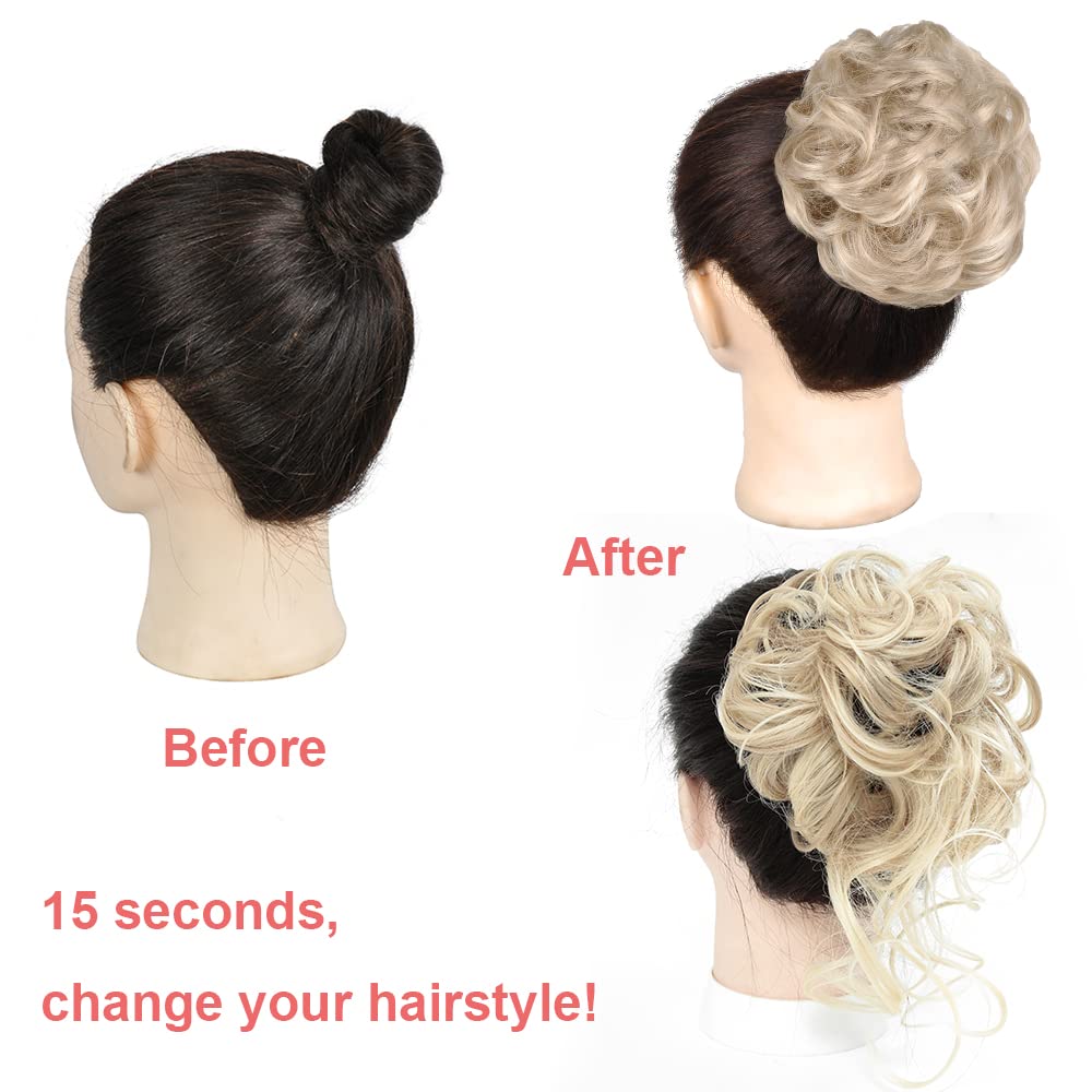 KETHBE Messy Bun Hair Piece Tousled Updo Hair Buns Extension Elastic Hair Band Hair Pieces Curly Hair Bun Scrunchie For Women (2PCS,Pale Golden Blonde Mix Blonde)