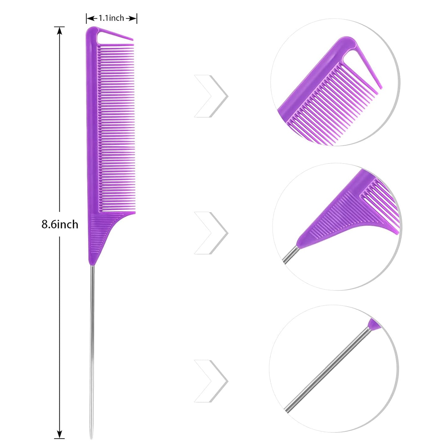 Rat Tail Combs Set: 3-Pack Teasing Styling Combs with Long Steel Pins for Women, Parting Combs for All Hair Types (Black)