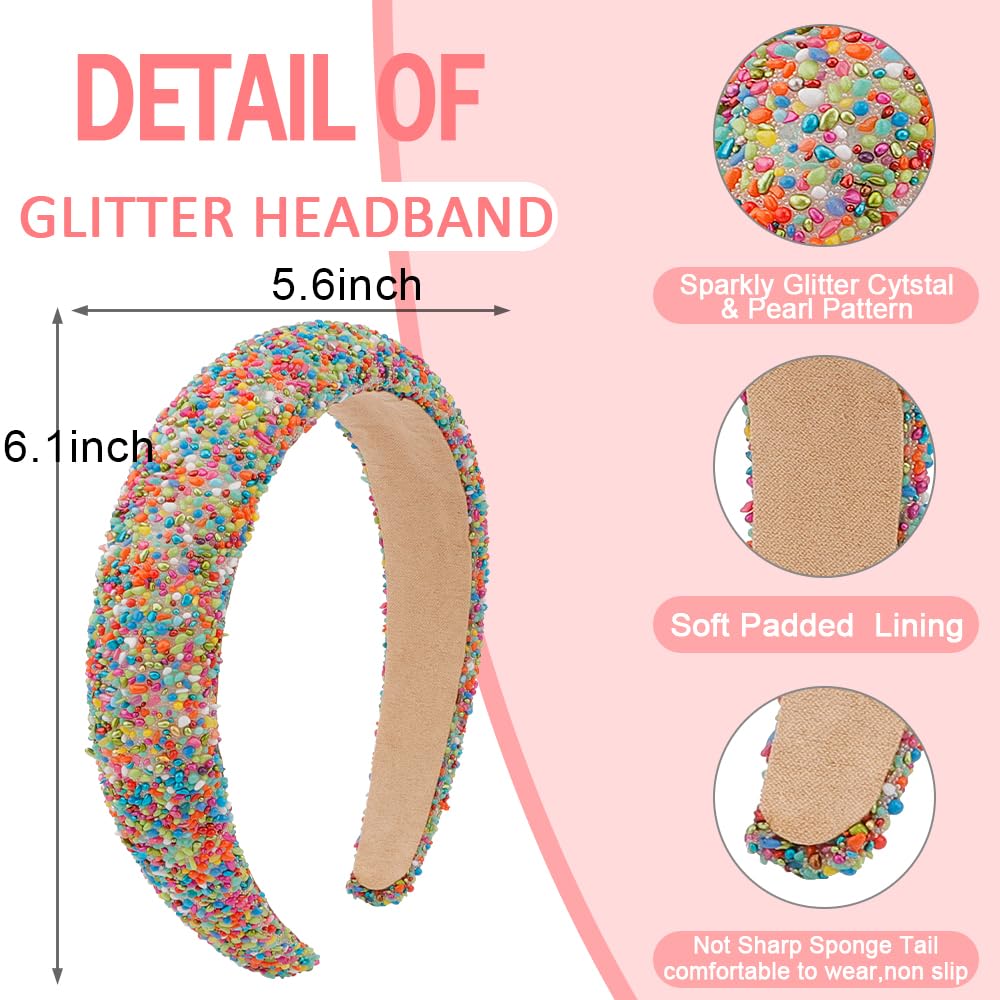 AHONEY 2 Pack Candy headband Thick Padded Headband for Women Girls, Cute Headbands Sprinkles Wide Head Band Non Slip Glitter Birthday Hair Accessories for Girls (Pink&Colorful)