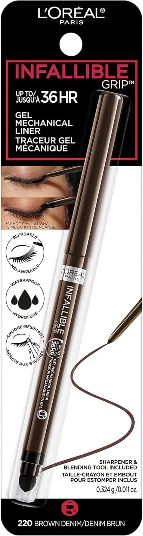 L'Oreal Paris Infallible Grip Gel Eyeliner Pencil - Waterproof, Smudge-Resistant, 36HR Wear | Brown Denim, 0.01 Oz