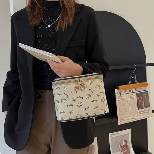 AmBealla Make up Bag Travel Cosmetic Bags Brush Holder Zipper Pouch Case Organizer Cute Organizer Suitable for Purse for Women (Beige Bucket Bag)