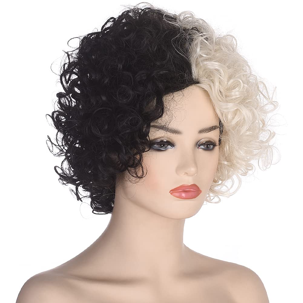 AMZCOS Black and Blonde Wig for Womens Cosplay Costume Short Curly Fluffy Synthetic Wigs for Halloween Party