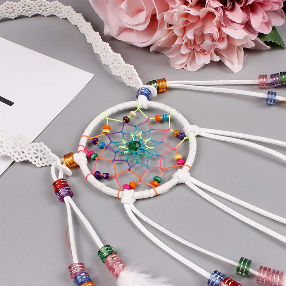 Anglacesmade Bohemian Head Chain White Feather Headband Dreamcatcher Headpiece Prom Party Festival Hair Piece Boho Gypsy Hippie Headdress for Women and Girls (White)