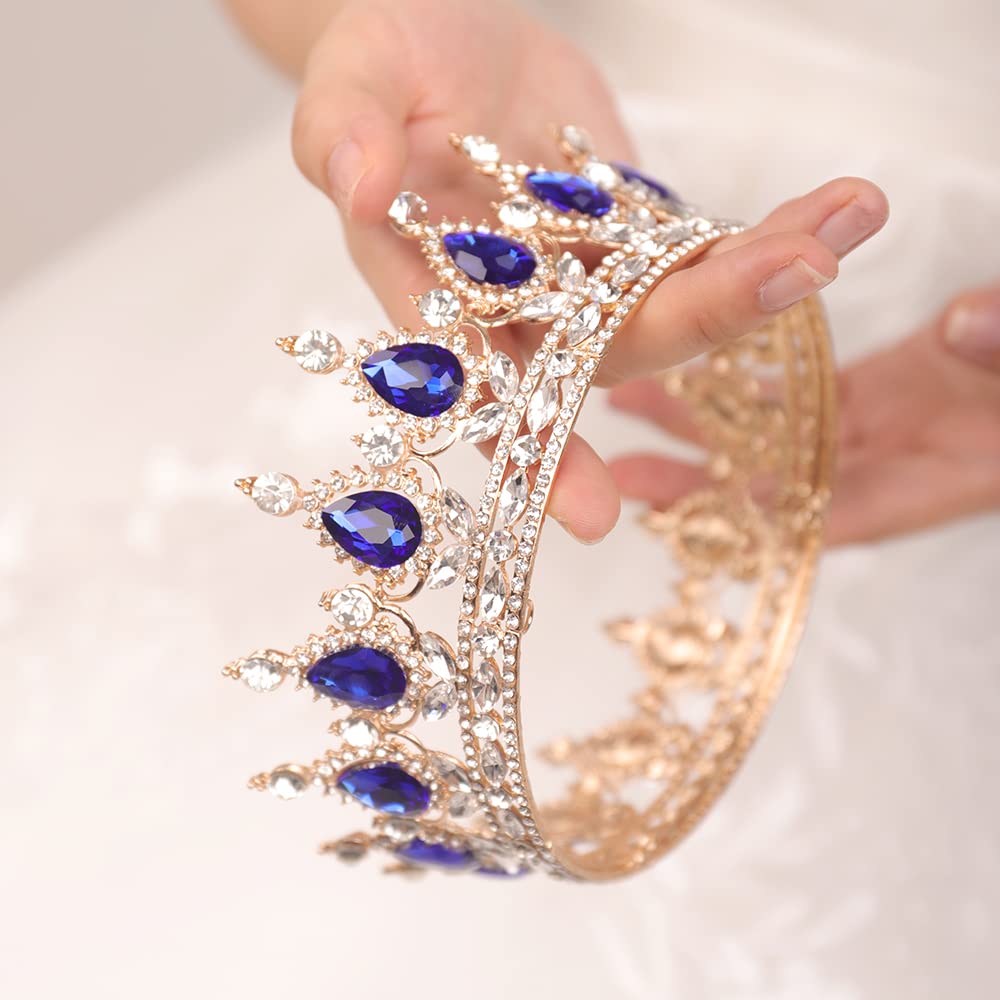 JWICOS Crystal Tiara for Women Rhinestone Bridal Wedding Full Round Tiara Hair Accessories for Girls Princess Tiara Crown Headband for Birthday Party Halloween Costume Prom (Royal Blue)