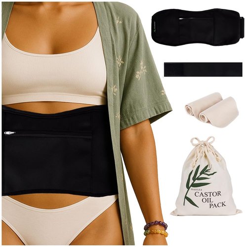 OASIZZ Premium Reusable Castor Oil Pack Wrap for Stomach (5-Piece, 29-56", Black) - Plush 100% Double-Brushed Cotton Flannel Interior Layers, Dark Fabric Hides Stains, Leak-Resistant Adjustable Design