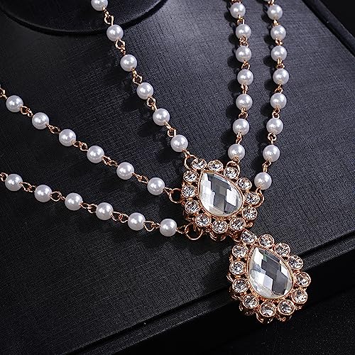 Aimimier Bohemian Teardrop Crystal Head Chain Layered Rhinestone Pearl Forehead Chain Wedding Headband Prom Party Festival Hair Accessories for Women (Gold)