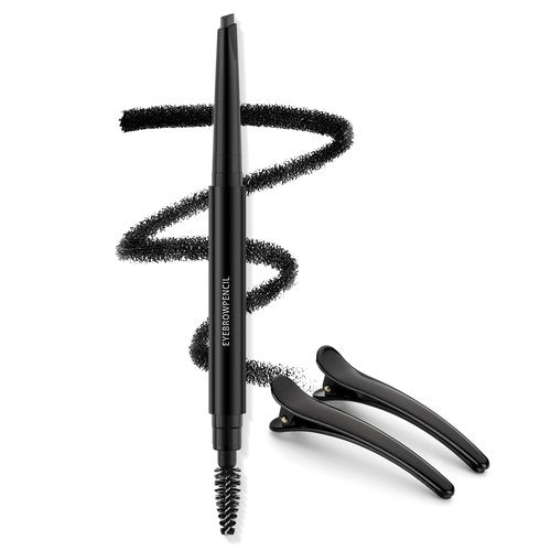 Eyebrow Pencil - Makeup Waterproof Brow Pencil with Triangular Tip, Dual-Sided Brow Brush, Precise, Fine Tip, Fills Brows Creates Natural Looking Brow, with Hair Clips - Black