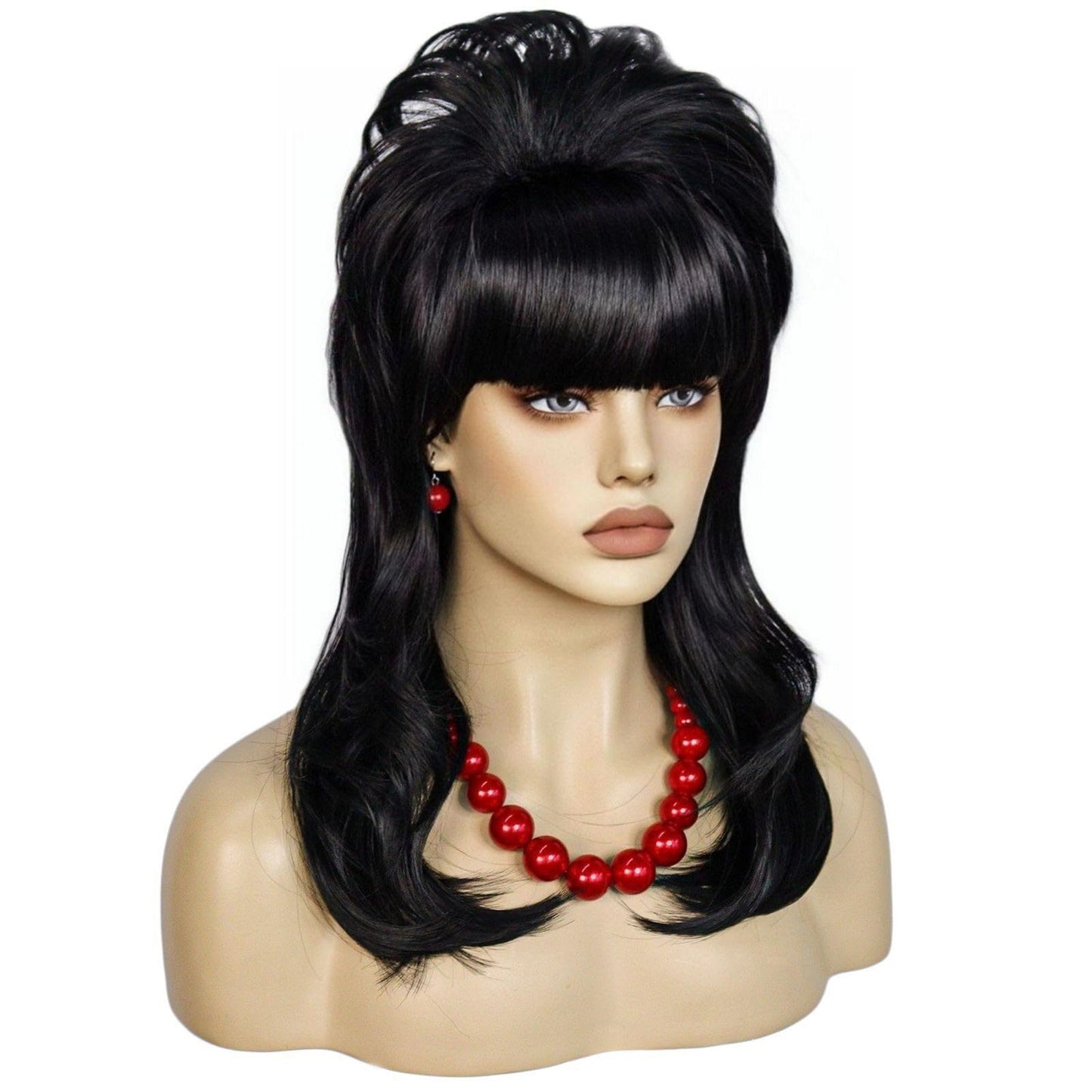 Anogol Hair Cap+ 5 Pcs Peggy Bundy Wig Black Wig with Pearl Necklace Earrings Bracelet 50s 60s Beehive Wig 1950s 1960s Wigs for Women Vintage Wigs for Cosplay Costume Halloween Party