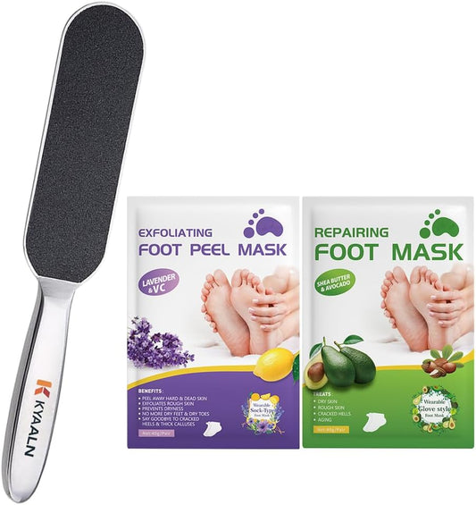 Skiennix Stainless Foot File Callus Remover - 3-in-1 Pedicure Kit with 10 Replacement Pads & 2 Exfoliating Masks