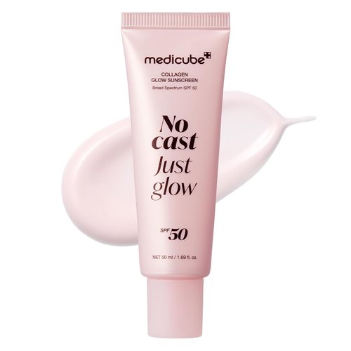 Medicube No Cast Just Glow Collagen Sunscreen - SPF 50 Broad Spectrum Face Protection | Lightweight, Hydrating Formula with Peptide & Cica for Soothing Glow | Korean Skincare