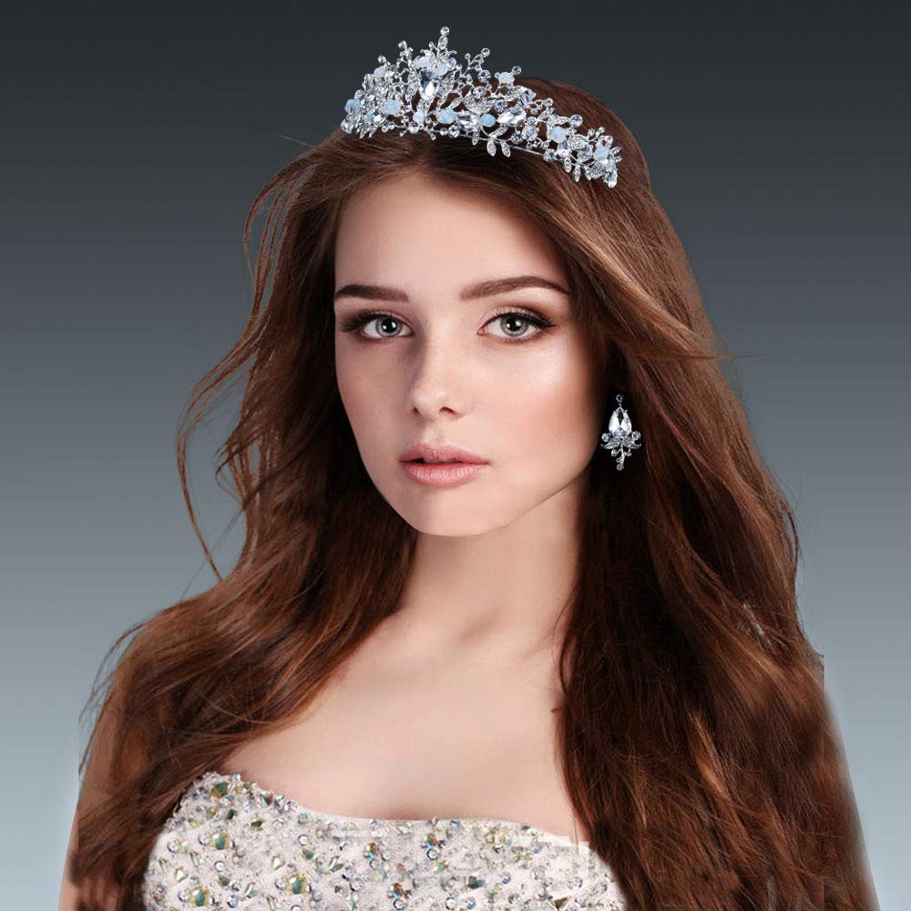 mesfugw White Tiaras and Crowns for women, Pageant Crowns for Women and Girls Crown with Earring Princess Crown Pageant Tiara Princess Tiara and Crown for Women Girls