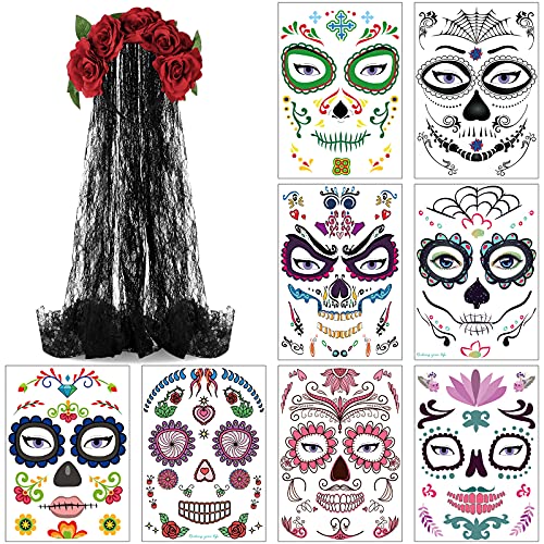 Maitys Day of Dead Headpiece Rose Floral Crown Veil and 8 Sheets Halloween Floral Skull Temporary Face Tattoo Stickers for Women Parties(Elegant)