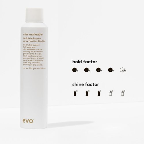 EVO Miss Malleable Flexible Hairspray - Strong Hold Hairspray, Malleable For Long Lasting Style, Shape Control & Brushable Finish - 9.0oz