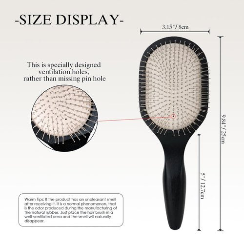 Oak Wooden Hair Brush - Anti-Static Detangler with Scalp Massaging Metal Bristles for All Hair Types - Black