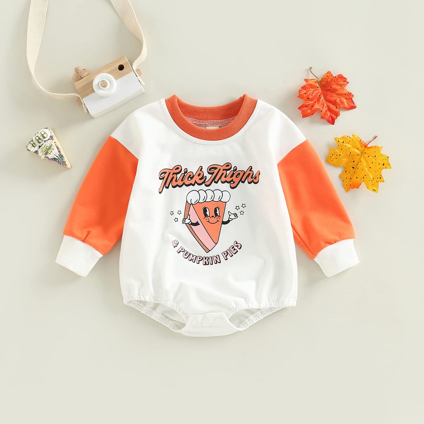 DOSYZTO Baby Boy Girl Thanksgiving Outfit Long Sleeve Pumpkin Pies Sweatshirt Romper Oversized Sweater Fall Clothes (Thick Thighs Romper,12-18 Months)