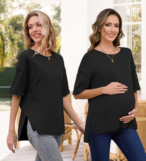RUBZOOF Women's Oversized T-Shirts - Casual Short Sleeve Tunic with Side Split | Maternity Top