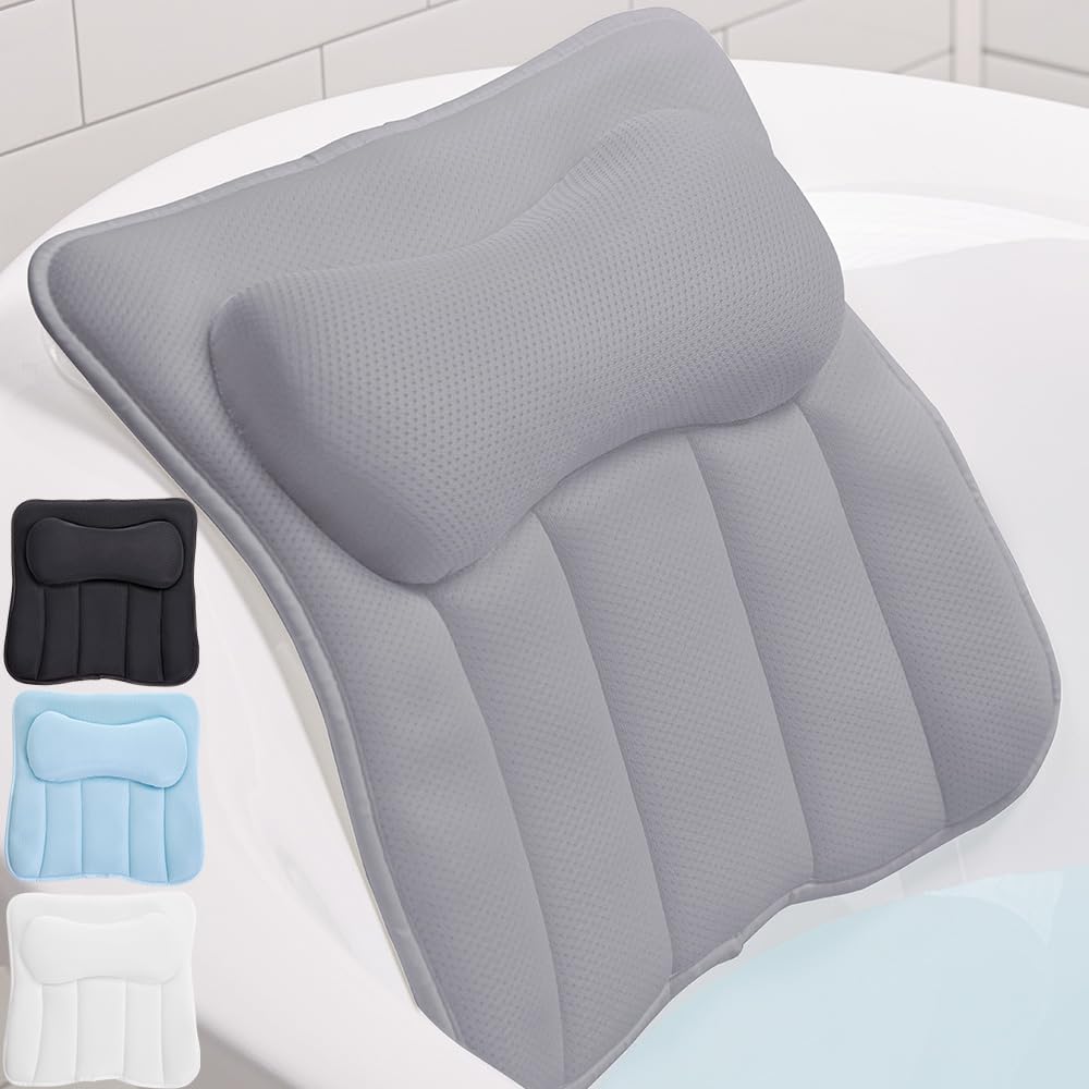 GORILLA GRIP Mesh Bath Pillow for Tub, 6 Powerful Suction Cups, Oversized Headrest with Breathable FlexComfort Technology for Neck, Head, Back Support, Luxury Machine Washable Bathtub Must Haves, Gray