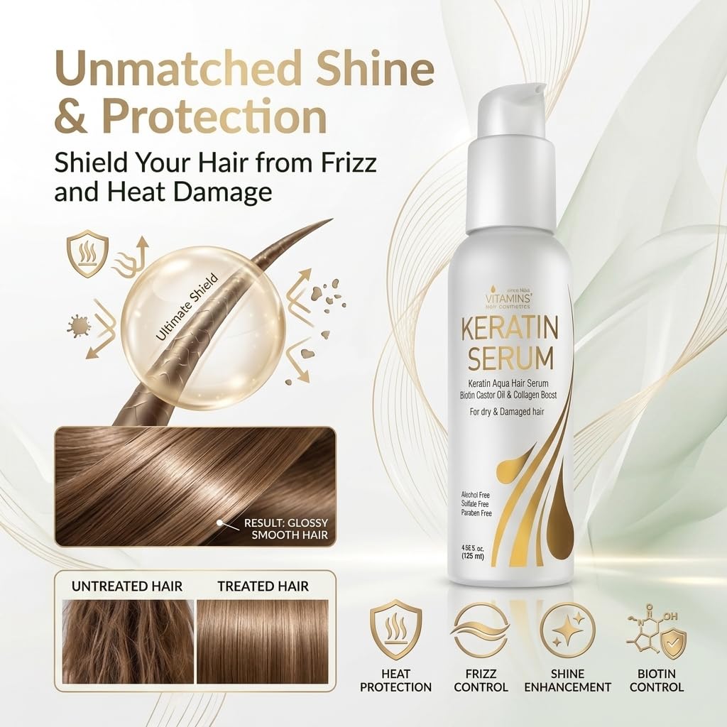 VITAMINS Keratin Hair Serum Oil - Anti-Frizz Treatment for Dry, Damaged Hair | 4.25 fl oz with Biotin & Collagen