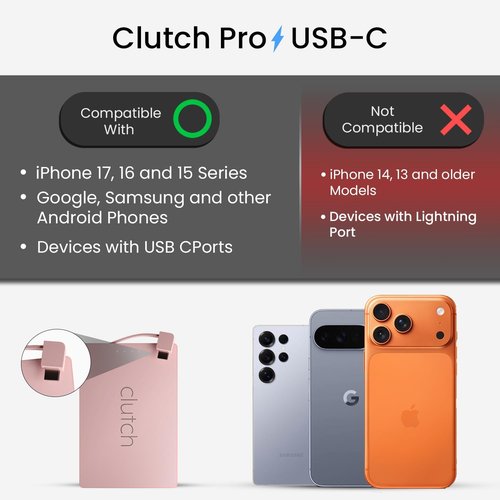 Clutch Pro Portable Charger - World's Thinnest 5000mAh USB-C Power Bank - Magnetic Cable - Pink