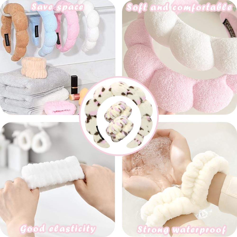 Tetizo Spa Headbands - Soft Terry Cloth Makeup & Skincare Wristband Set for Women | Non-Slip, Bubble Design