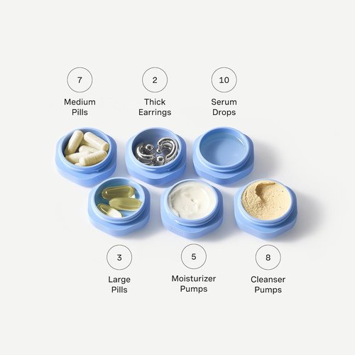 Cadence Travel Containers Basic Skincare Set - Magnetic Lids for Easy Travel | 3 Small Capsules (0.56oz) - Cleanser, Moisturizer & Sun-Icon Labels - Pacific