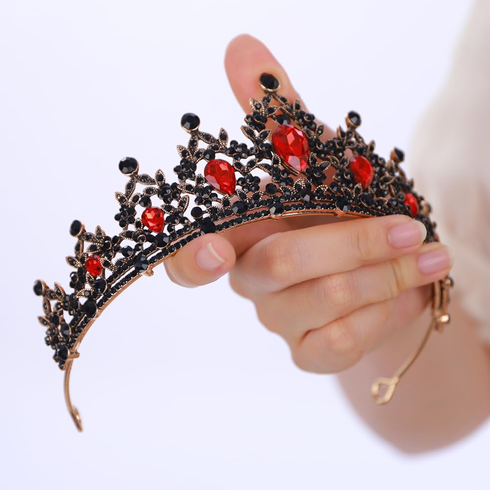 BERYUAN Red Black Crystal Rhinestone Wedding Headband Flower Crystal Vintage Headpiece Baroque Queen Halloween Headdress Gothic Black Rhinestone Wedding Hairpiece for Girls (red)