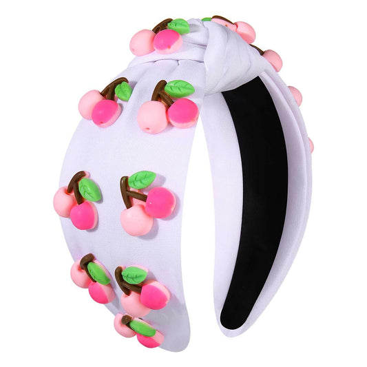 VOGUEKNOCK Fruit Headbands for Women Girls Tropical Cherry Knotted Headband Summer Beach Headwear Hair Accessories (Cherry-White)