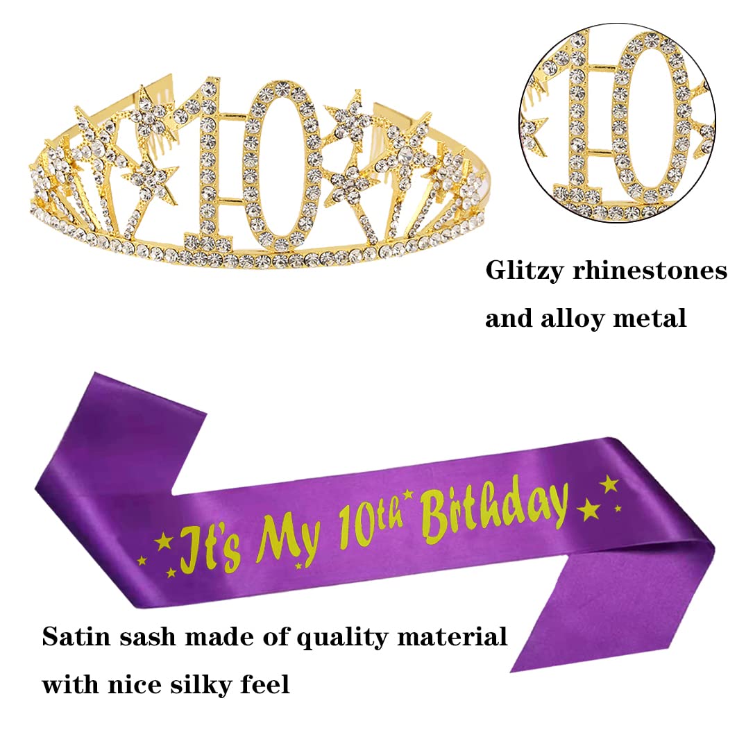 Happy 10th Birthday Tiara and Sash Gifts Crystal Rhinestone Princess Crown Birthday Girl Party Favor Supplies Gold Crowns Purple Sash