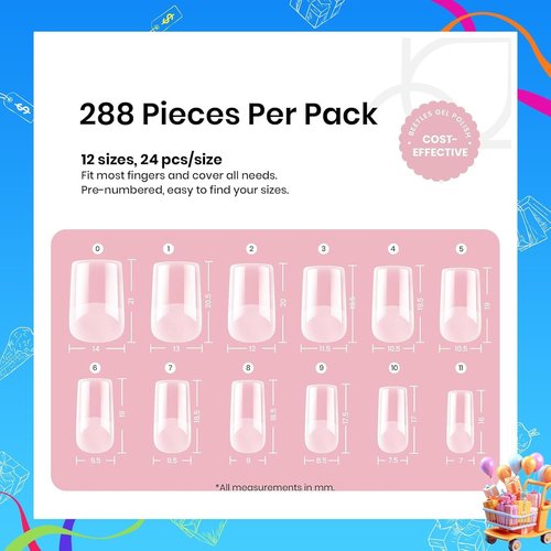 Beetles Gel Nail Tips Etch-X, Square Short, 288Pcs 12 Sizes, Pre-Etched Half Matte Full Cover Soft Acrylic Press on False Nail Tips Easy DIY Glue On Nail Extension Salon Gift for Women Girls