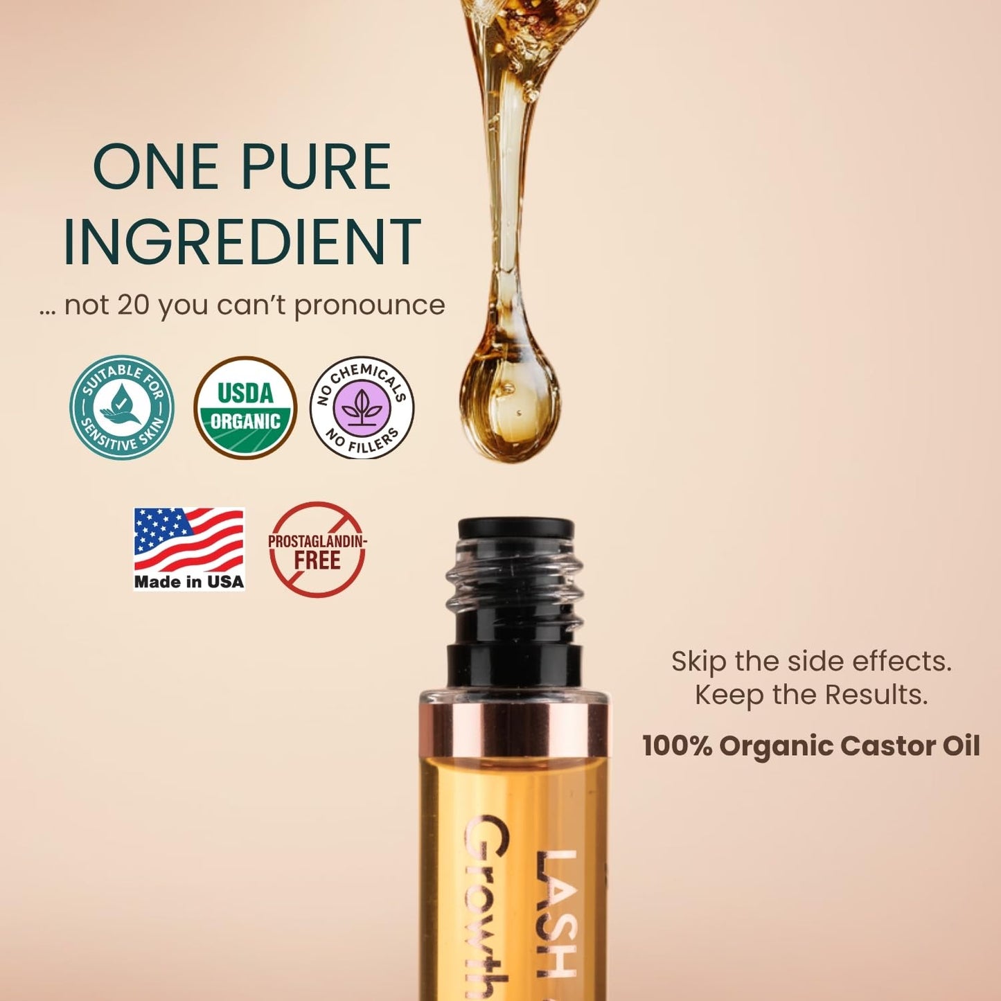 USDA Organic Castor Oil Lash Serum - Premium Cold Pressed Eyelash Growth Treatment - Thicker, Fuller Lashes