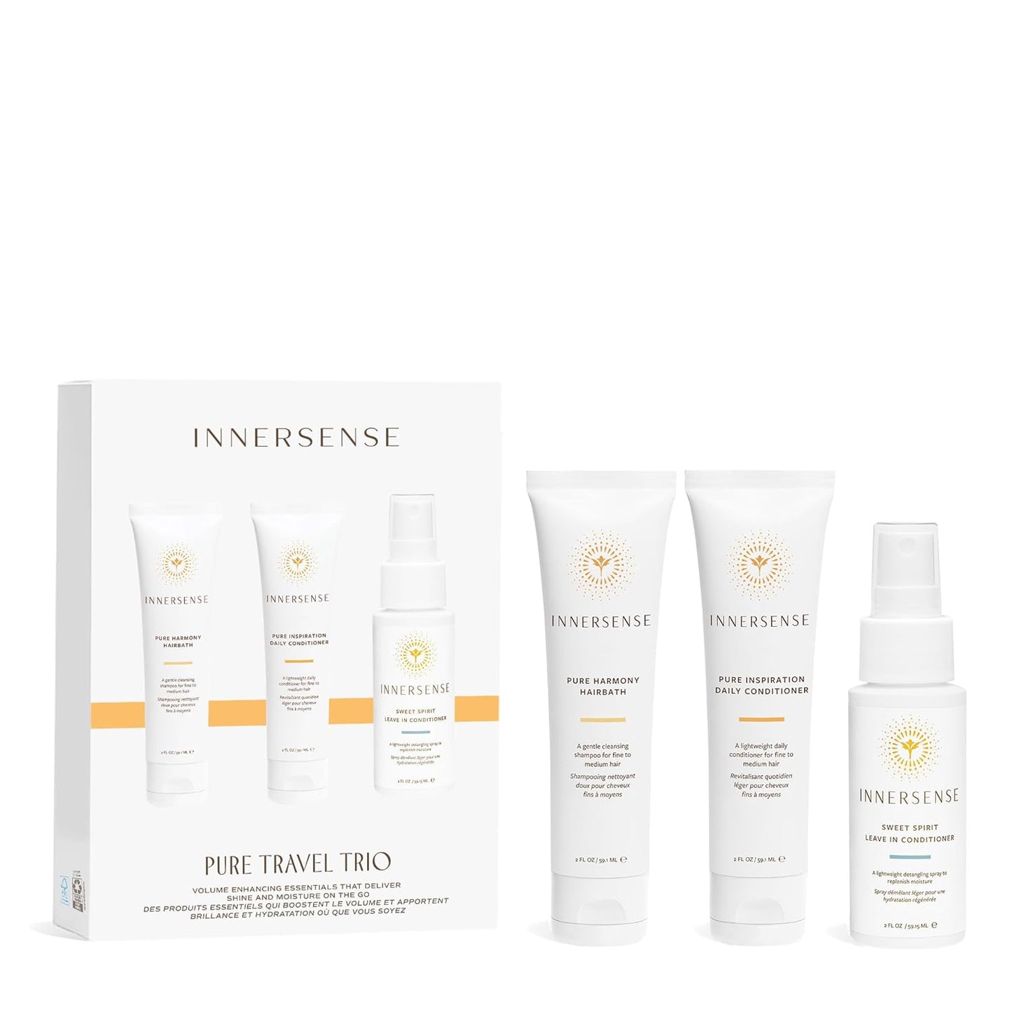 Innersense Organic Beauty - Pure Harmony Travel Hair Trio | Non-Toxic, Cruelty-Free, Clean Haircare (Pure Harmony Hairbath + Conditioner, Sweet Spirit Leave-In Conditioner) PACKAGING MAY VARY