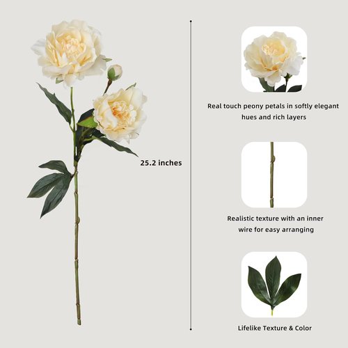 KBREE Artificial Peonies - Real Touch 25.2" Flowers, 3 Pcs Lifelike Stems for Vases & Bouquets | Cream White