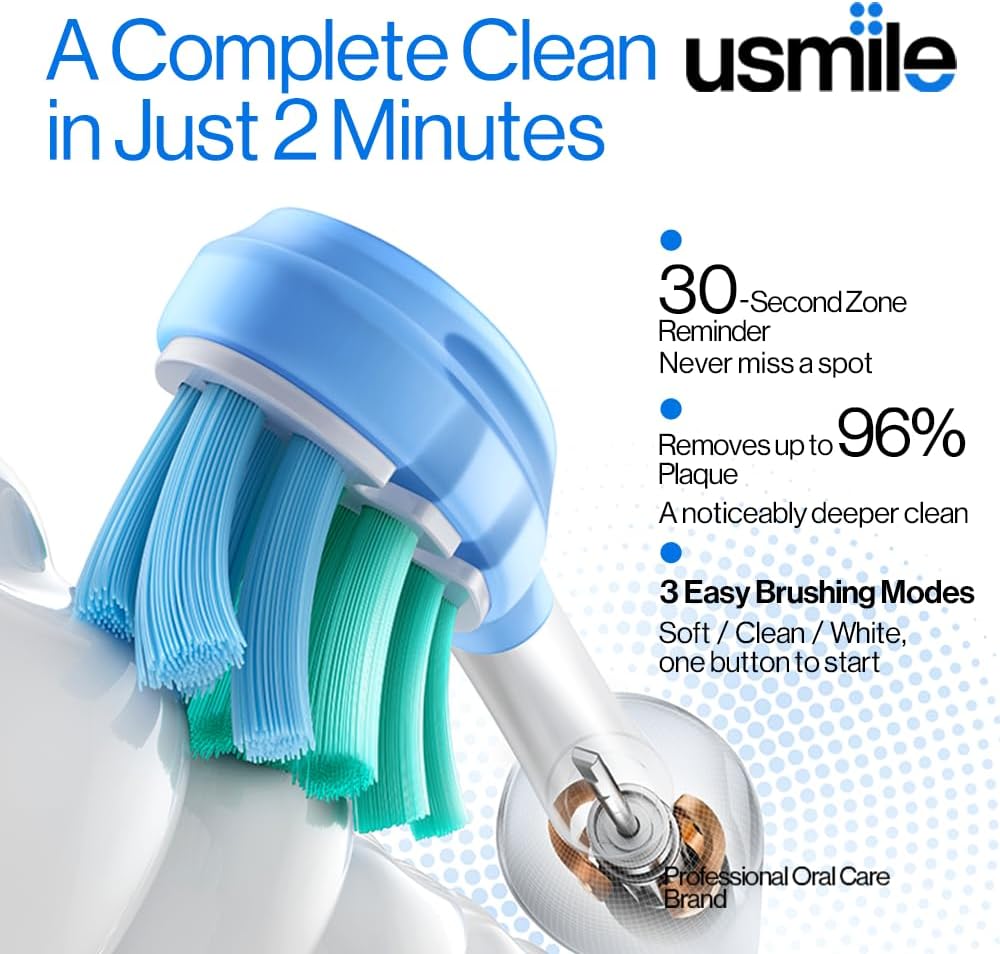 Usmile P10S Sonic Electric Toothbrush - Deep Clean & Whitening, 180-Day Battery Life, 3 Modes, 2 Brush Heads (White)