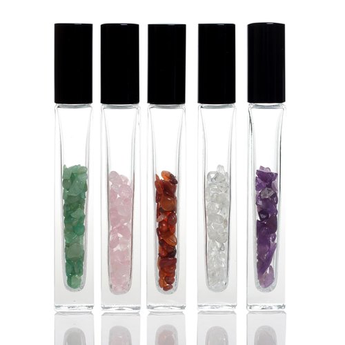10ml Gemstone Roller Square Bottles Refillable Roll On Bottles Healing Crystal Chips Inside For Perfumes Aromatherapy Oils 5pack…