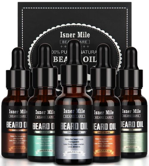 ISNER MILE Beard Oil Kit - 5 Pack Sandalwood, Orange, Cedarwood & Sage - Perfect for Beard Care & Gifts