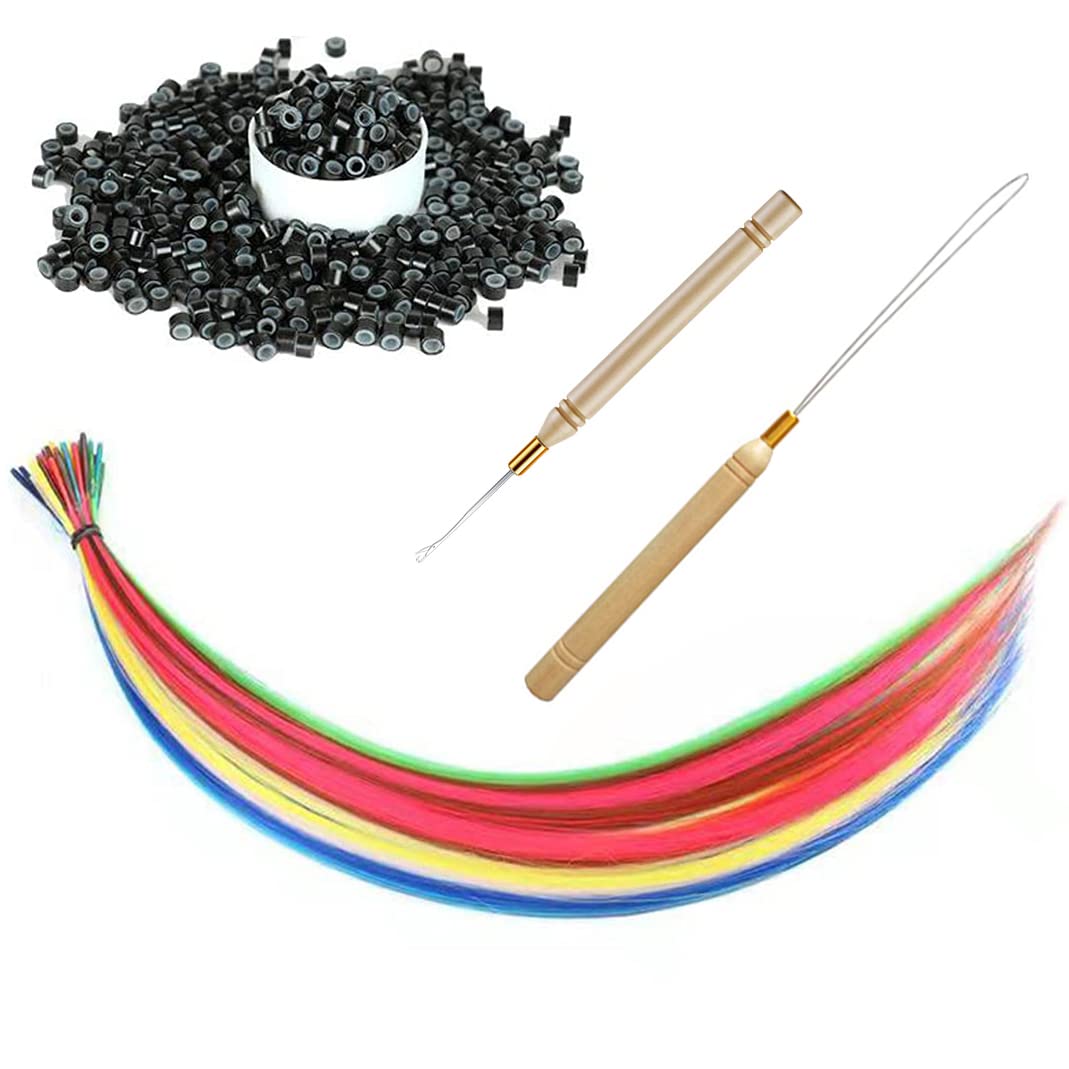 XIAO TAO ZI 39pcs/Lot 20'' Synthetic Rainbow Hair Extensions kit Colored Hair Pieces +50 Pcs Silicone Micro Beads+2 Pcs Crochet Hooks (20 Inches, 39 Pieces)