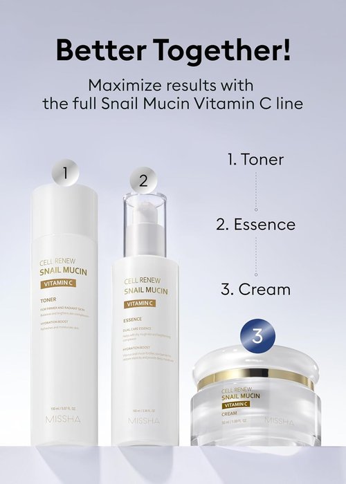 MISSHA Cell Renew Snail Mucin Vitamin C Cream 1.69 Fl oz, Hydrating Snail Mucin, Korean Skin Care for Improved Skin Texture & Youthful Glow, Korean Moisturizer, Kbeauty, Paraben Free