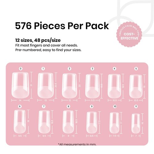 Beetles Gel Nail Tips Etch-X, Square Short, 576Pcs 12 Sizes, Pre-Shaped Half Matte Full Cover Soft Acrylic False Nail Tips Easy DIY Press On Nail Extension Manicure Salon Gift for Women