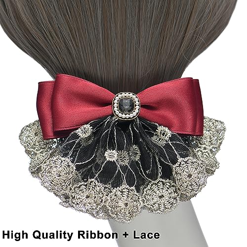 AsggBah 2pcs Hair Snood Net Barrettes with Bowknot Hair Clips with Thin Mesh Bun Cover for Women Ladies (Lace Red+Blue)