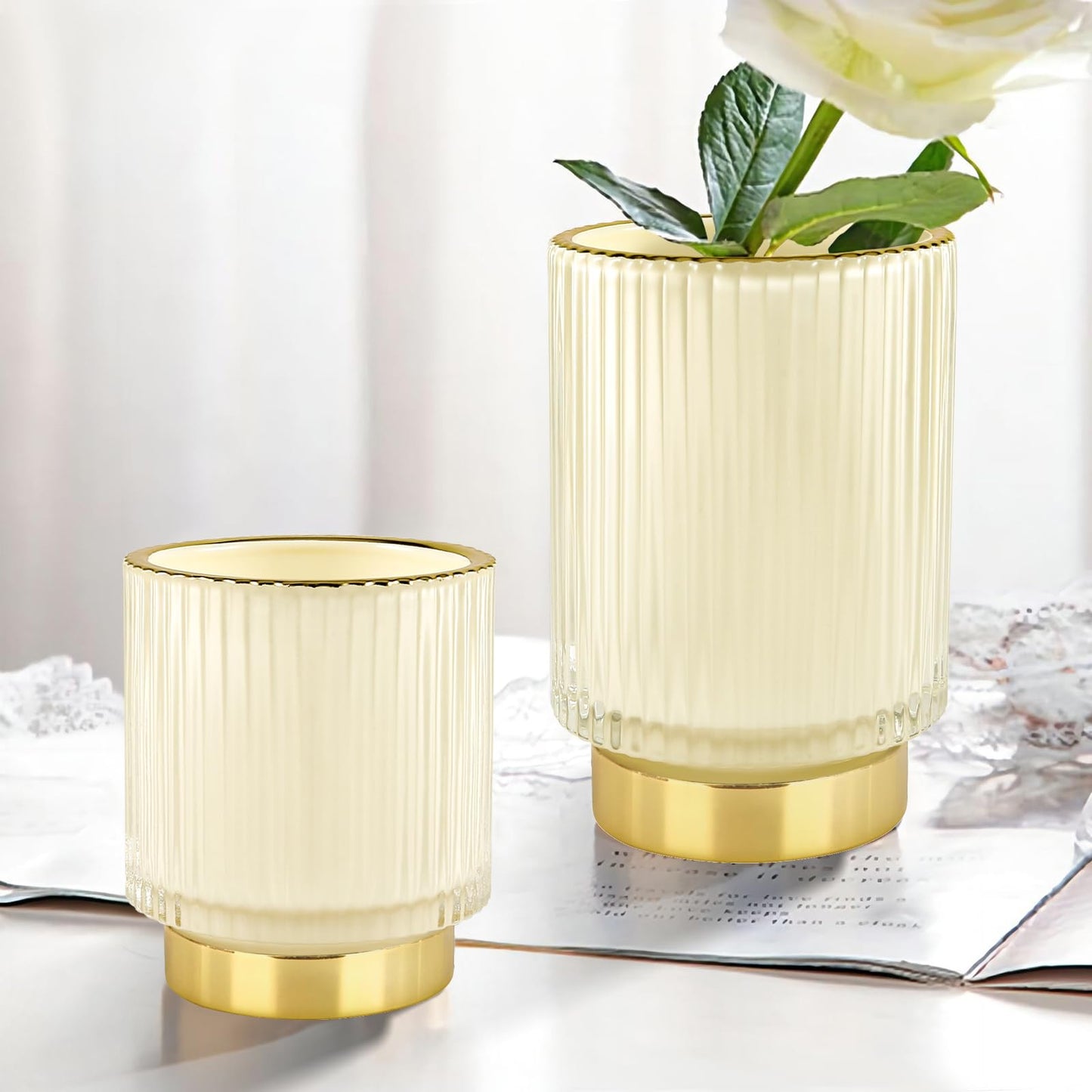 DASITON Makeup Brush holder Organizer,Crystal Cosmetic Makeup Brush Glass Brushes Storage Holder, Vintage Make Up Brush Cup Pen Pencil Holder striped vase(Cream S)