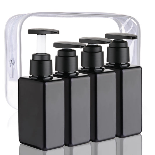 Hethyo Travel Bottles Travel Accessories Toiletries 4 Pack 3.7oz/110ml Travel Shampoo And Conditioner Bottles Empty Plastic Pump Bottle Dispenser Travel Size Bottles (4blank black)