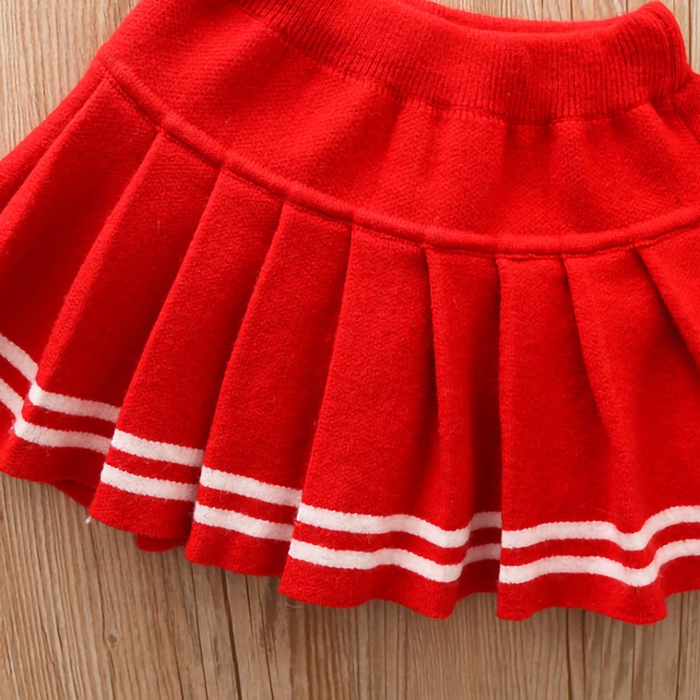 Toddler Baby Girls Autumn Winter Fall Clothes Knit Long Sleeve Ruffle Sweater Top+Pleated Mini Tutu Skirt 2pcs Outfit for Kids Princess Casual Playwear Homewear Clothing Set Red-Bow 5-6X