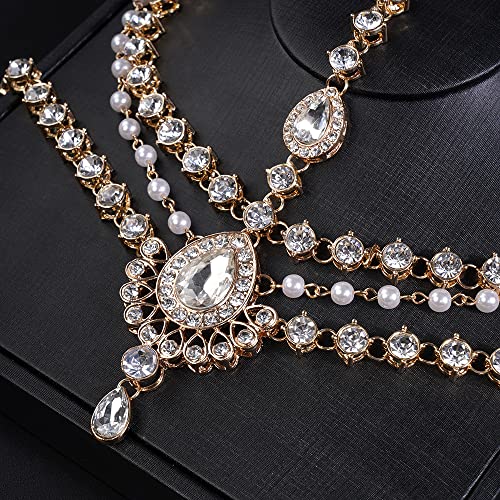 JWICOS Boho Rhinestone Head Chain Pearl Headchain Bride Headpiece Headband Wedding Hair Accessories for Women and Girls (Gold)