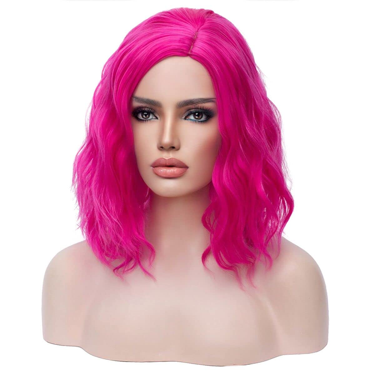 MAGQOO Hot Pink Wig Short Hot Pink Wig Hot Pink Bob Wig Short Curly Wavy Magenta Wig Side Part Pink Wig Short Hair Synthetic Heat Resistant